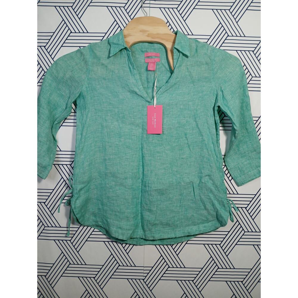 Isaac Mizrahi Coastal V-Neck Collared Blouse Clean Girl Minimalist Resortwear